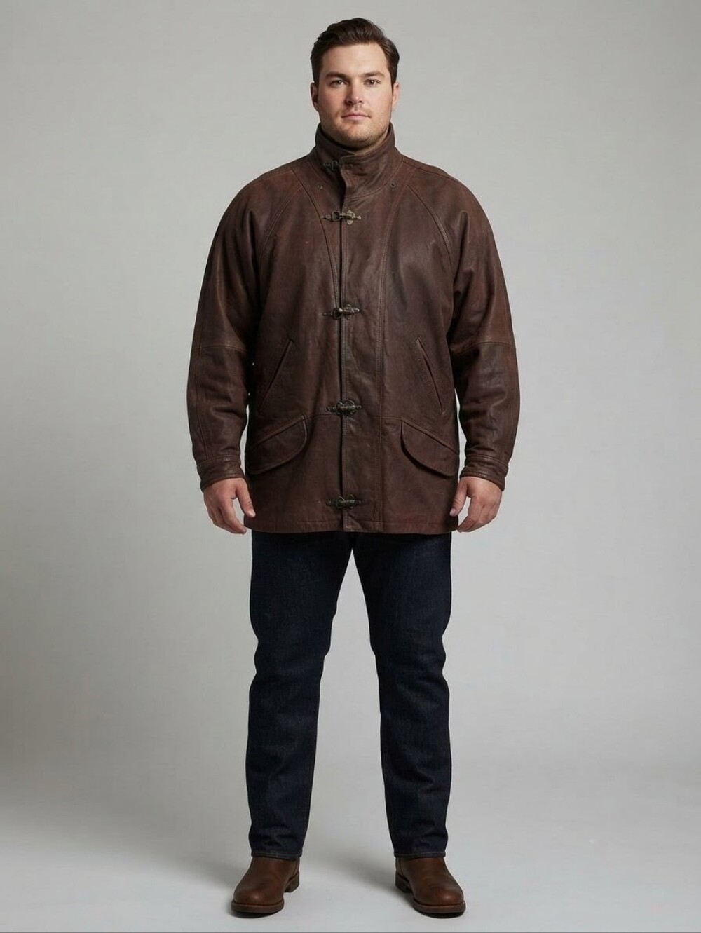 Vintage Serge Hervet Fireman Heavyweight Cowhide Leather Clasp Coat Men XXL